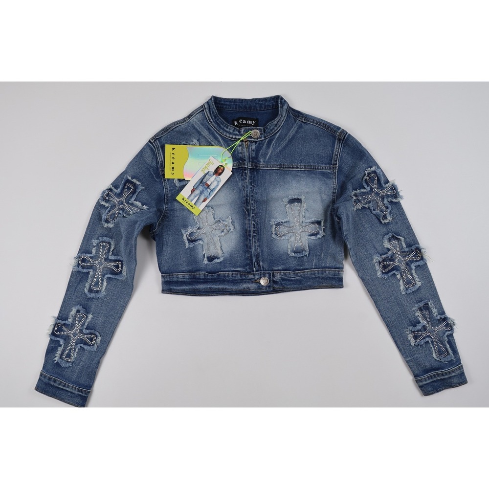 Kreamy Denim Jacket Rhinestone Cross Patch Acid Blue Small NWT